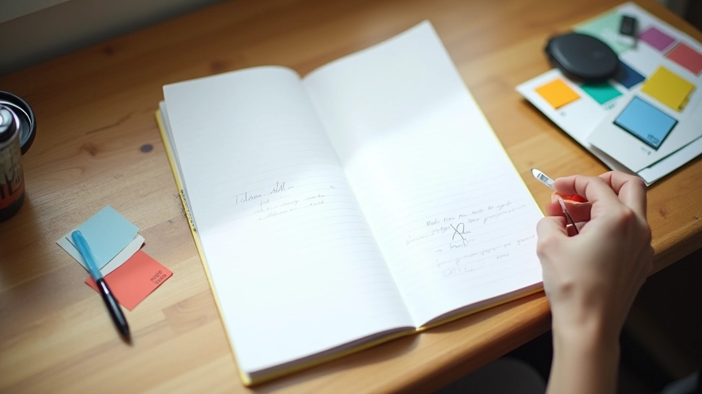 Gesloten notitieblok met handgeschreven merkrichtlijnen en kleurmonsters