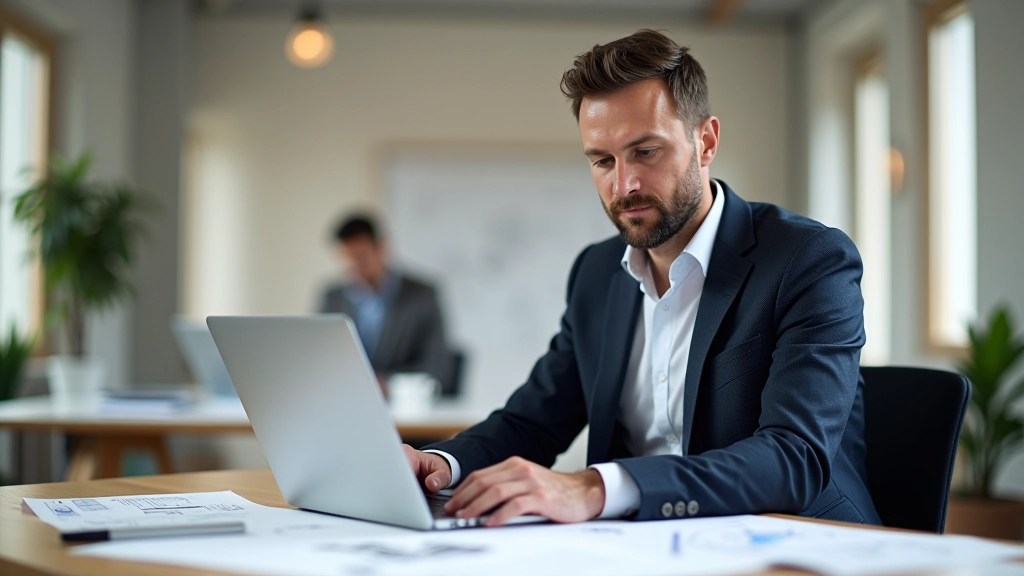 Marc Vercammen werkend aan een webdesignproject op zijn bureau met notebooks en design mockups