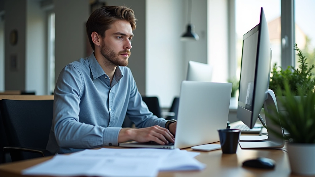 Team-lid aan het werken aan website-ontwerp op laptop met style guide ernaast