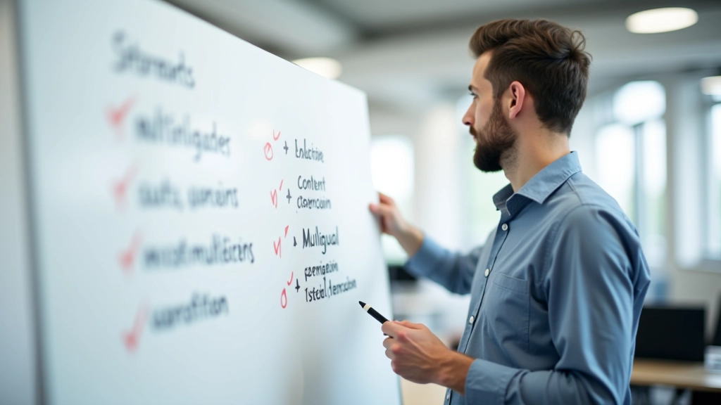 Webdesigner bestudeert taalswitcher-opties op whiteboard met notities
