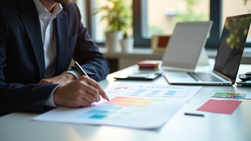 Designer aan het werk met kleurstalen en merkrichtlijnen op bureau