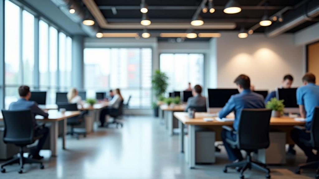 Moderne kantoorruimte met professionele werkstations en bedrijfslogo op muur