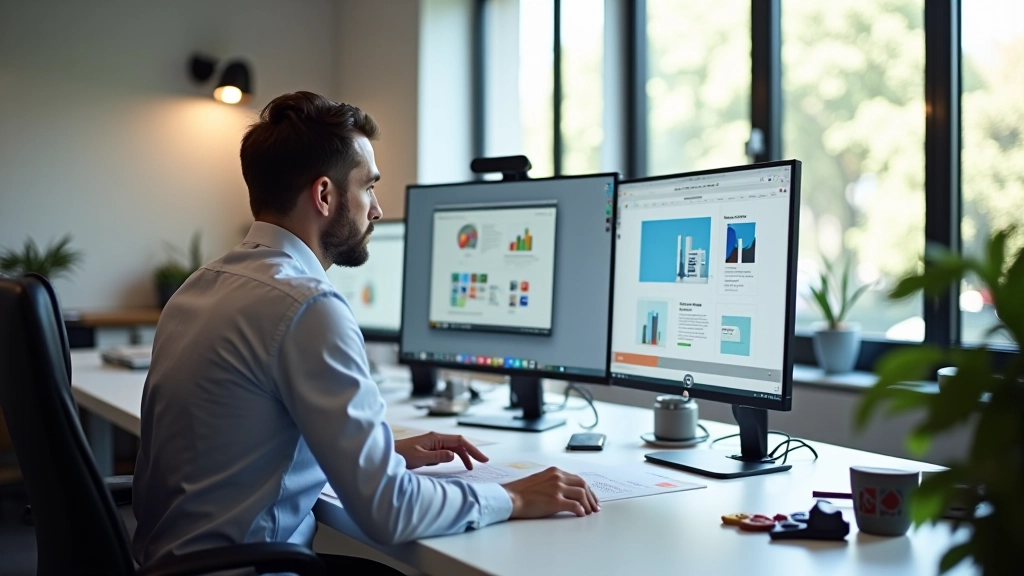 Modern kantoorruimte met webdesigner aan het werk op grote monitors en design sketches op tafel