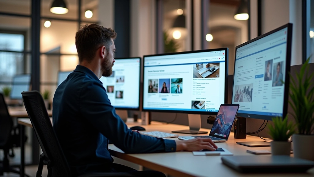 Professioneel webdesign werkstation met moderne apparatuur en website-ontwerpen op schermen