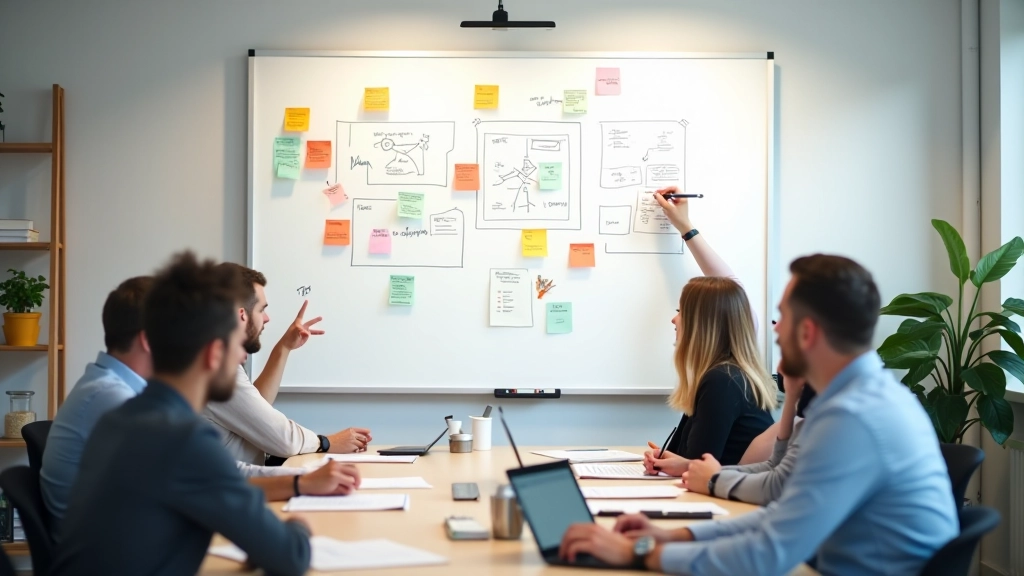 Strategische planning met flowcharts en merkconsistentie-richtlijnen op een whiteboard